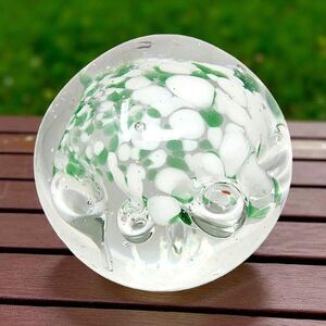 Vintage Handblown Green & White Paperweight Swirled Design 2.25 Ins Clear Glass